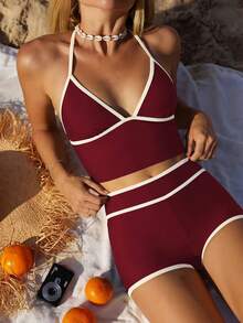 Costavie 2026春夏吊带纯色撞色三角杯高腰三角泳裤甜美女士吊带比基尼两件套泳衣女士两件套泳衣坦克背心泳衣两件套泳衣性感坦克背心泳衣短款两件套 - 酒紅色 - 查看 3