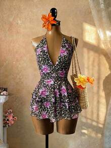 SaltGleam SaltGleam Women's New Sexy Leopard & Floral Print Halter Deep V-Neck Dress - Multicolor - View 3