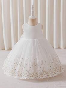 Glamorique Kids 花童生日派对婚礼假日礼服，女婴公主缎面连衣裙，白色薄纱蓬蓬裙，可拆卸蝴蝶结设计，适合正式场合、舞台表演、钢琴演奏、派对或特殊活动，夏季，欧美风格，金色刺绣蕾丝边白色薄纱蓬蓬裙，蝴蝶结露背连衣裙，舞台表演，中东奢华正式礼服 - 白色 - 查看 6