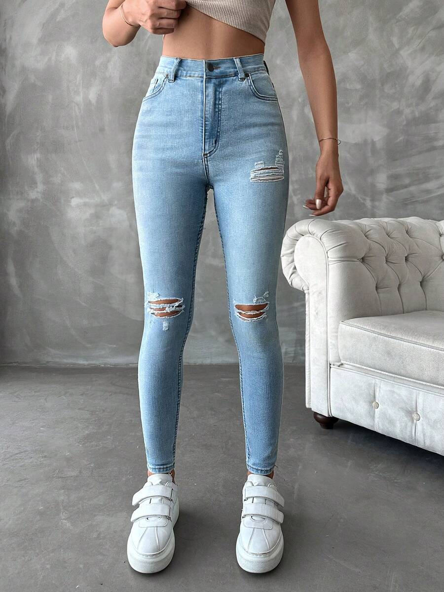 SHEIN Cottnline Ripped Skinny Jeans - Blue - View 1