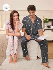SHEIN Striped Heart Print Button Up Cardigan Casual Loungewear Pajama Set For Men - Black - View 5