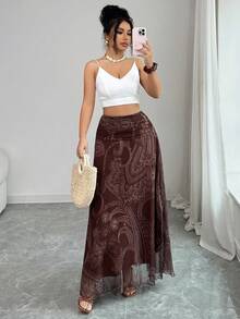 SHEIN Elenzya 女士腰果印花A字裙，魅力十足，适合度假、日常穿着、优雅通勤、时尚约会、法式街头风、复古百搭风，棕色印花，新款春夏长裙 - 棕色 - 查看 3