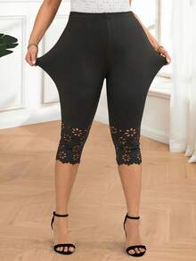 Miaspire 大码女式黑色高弹镂空花卉七分紧身裤 - 深灰色 - 查看 3