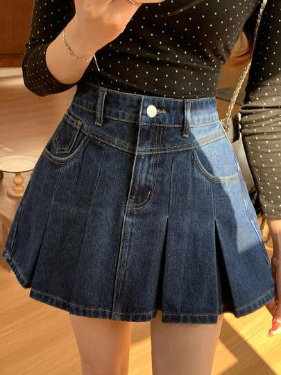 DAZY Women's Solid Color Pleated Waist Belt Denim A-Line Skirt, Fashionable College Style