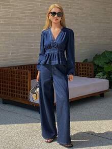 Livesso 女士V领上衣和喇叭牛仔裤套装 - 藍色 - 查看 6