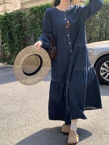 FRIFUL Women's Casual Denim Dress With Round Neck, Drop Shoulder, Long Sleeve, Single-Breasted, And Ruffle Hem - Blue - View 7