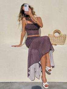 Serisse Women's Polka Dot Camisole And Fitted Skirt 2 Pieces Set, Summer - Red Violet - View 1