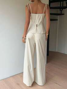 Siren Gaze Womens 100% Cotton Ruched Peplum Cami Top And Wide Leg Pants Set , Casual Summer Outfit Suitable For Daily Wear And Vacation, Linen, Cream Two Piece Set, Linen Two Piece Set, Pants And Top Set, Holiday Outfits - Apricot - View 2