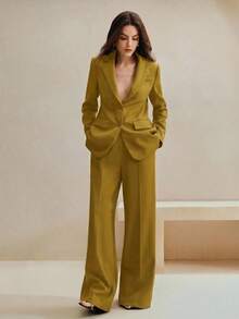 Anewsta 商务休闲复古风女士西装套装，美拉德印花西装外套+直筒裤，两件套 - 薑色 - 查看 3