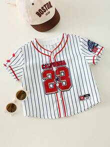 SHEIN 男婴休闲条纹字母图案宽松短袖上衣，运动风，适合夏季、春季户外运动、旅行和度假穿着。 - 彩色 - 查看 5