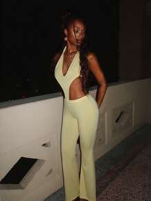 EgrlEra Women's Fashionable Yellow Deep V-Neck Jumpsuit - Yellow - View 1