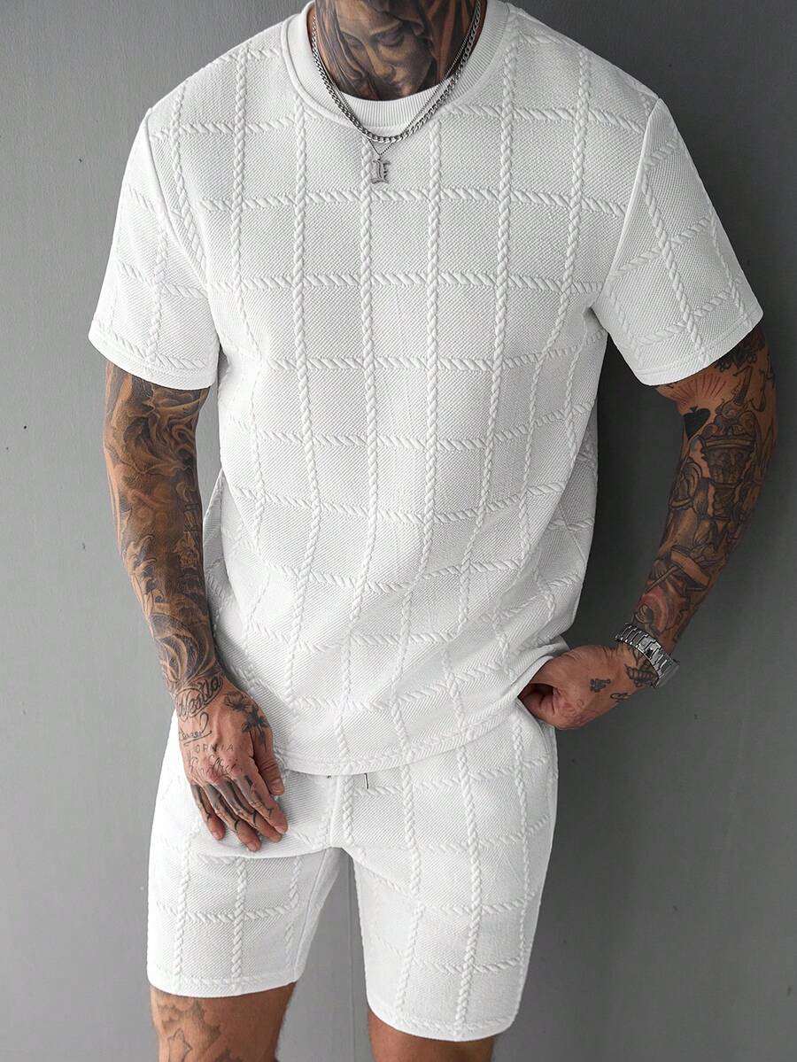 SLATEMANN 男士T恤套装,针织提花面料,时尚百搭,适合日常穿着,展现男士绅士风范,休闲日常穿着,周末旅行,户外活动,探险旅行,轻松的工作环境或半正式场合,送给男友/丈夫的礼物,周年纪念/生日礼物,派对,夏季假期,婚礼,春夏交替,狂欢节,男士白色格纹两件套休闲套装,短袖圆领上衣和短裤套装,夏季舒适,男士两件套白色套装,男士夏季两件套,男士套装,男士休闲两件套,男士针织套装 - 白色 - 查看 1