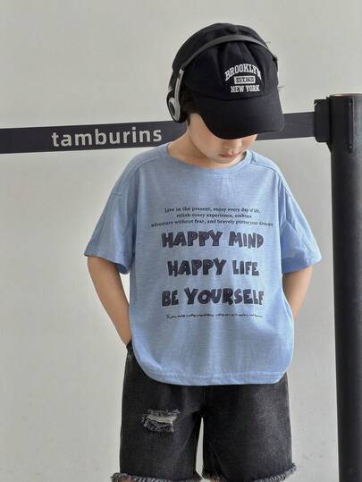 SHEIN Little Byeori Young Boys Casual Letter Print Short Sleeve T-Shirt