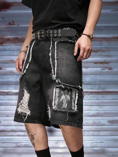 Manfinity EMRG New Graphic Print Loose Black Denim Shorts For Summer