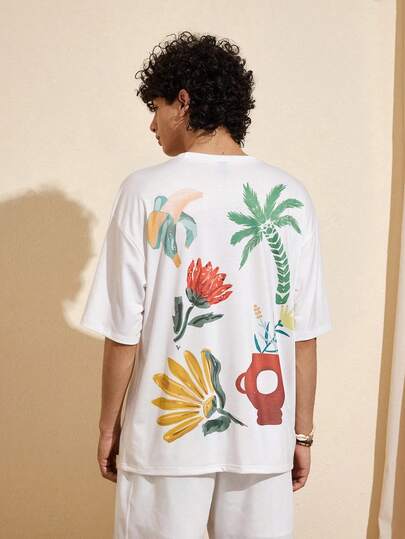 Felipe Marques Men's Floral Print Short Sleeve Loose Fit Round Neck T-Shirt, Casual For Holiday, Party, Street Wear, Spring/Summer/Autumn