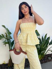 Hitanina 2件套女士优雅提花吊带背心和裤子套装，夏季 - 黃色 - 查看 6