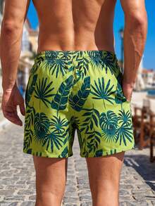 Horizaway 男士全印花弹力腰抽绳口袋休闲夏季沙滩裤 - 綠色 - 查看 2