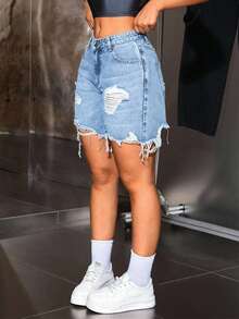 SHEIN Tall Women's Casual Distressed Frayed Hem Denim Shorts - Light Wash - View 4