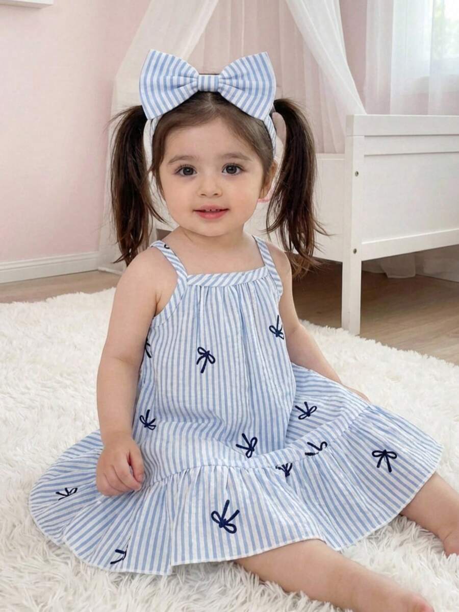 SHEIN 1pc Baby Girls' Sleeveless Striped Bow Print Cute Casual Strap Dress, Ruffled Hem Design, Suitable For Summer Outings, Travel, Beach, Photography - Blue - View 1