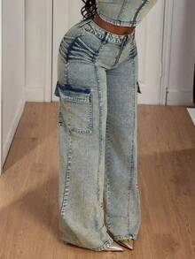 Slaydiva Plus Size Casual Washed Vintage Wide Leg Cargo Jeans - Black - View 2