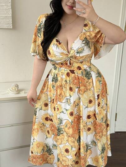 Vibekara Plus Size Vacation Style Criss-Cross Twist Waist A-Line Dress