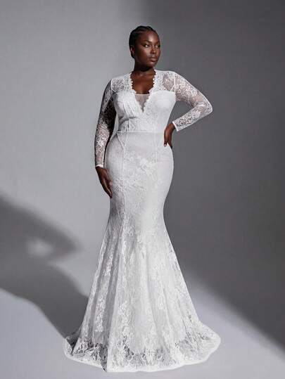 Elitara Plus Size Elegant Luxurious Romantic White V-Neck Sheer Long Sleeve French Lace Decor Backless Mermaid Hem Floor-Length Wedding Dress