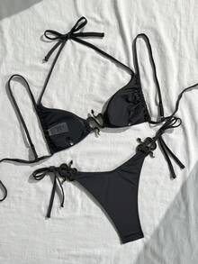 Swim SXY Solid Color Lace-Up Snake Shaped Sexy Bikini Set Bikinis Set For Women 2 Pieces Set - Black - View 5