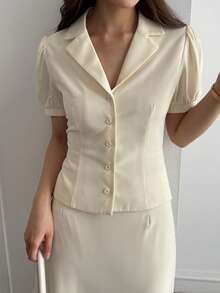 Strévra 2pcs Women Casual Collared Petal Sleeve Top And Skirt Set - White - View 8