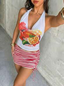 Swim Vcay Summer New Tropical Fruit Print Halter Drawstring Waist Beach Skirt, 4pcs Women Bikini Swimsuit Set For Beach Holiday - Multicolor - View 6