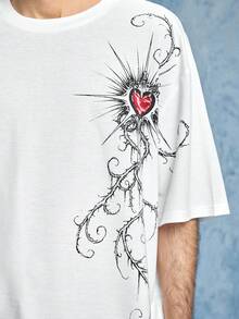 ROMWE MEN Goth 男士休闲心形荆棘印花短袖白色T恤，时尚百搭，适合日常通勤和夏季穿着 - 白色 - 查看 2
