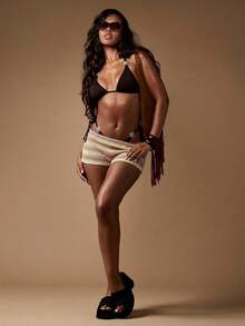 MISSGUIDED 钩针条纹低腰沙滩短裤，彩色编织图案，夏季节日热裤 - 橘色 - 查看 5