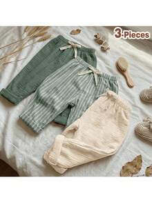Loomiva 3pcs Baby Boys/Girls Elastic Waist Pants Set With Decorative Ribbon, Versatile & Comfortable For Outings, Street Style, Home, Party,Kids - Multicolor - View 2