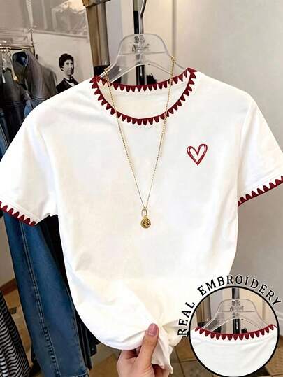 Teen Girls' Colorblock Trim Round Neck Short Sleeve Heart Graphic Casual T-Shirt, Summer