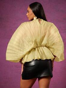 Vixey 薄纱高领长袖荷叶边下摆褶裥纹理欧根纱上衣 - 黃色 - 查看 4