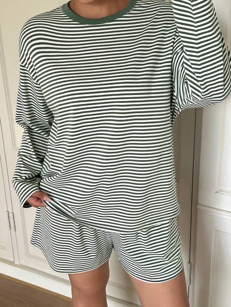 Dazy Plus Plus Size Soft Striped Long Sleeve Top And Shorts Pajama Set, Comfortable For Autumn