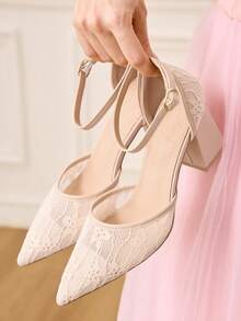 CUCCOO HITCHD 女士优雅纯色蕾丝高跟鞋，圣诞节必备 - 杏色 - 查看 1