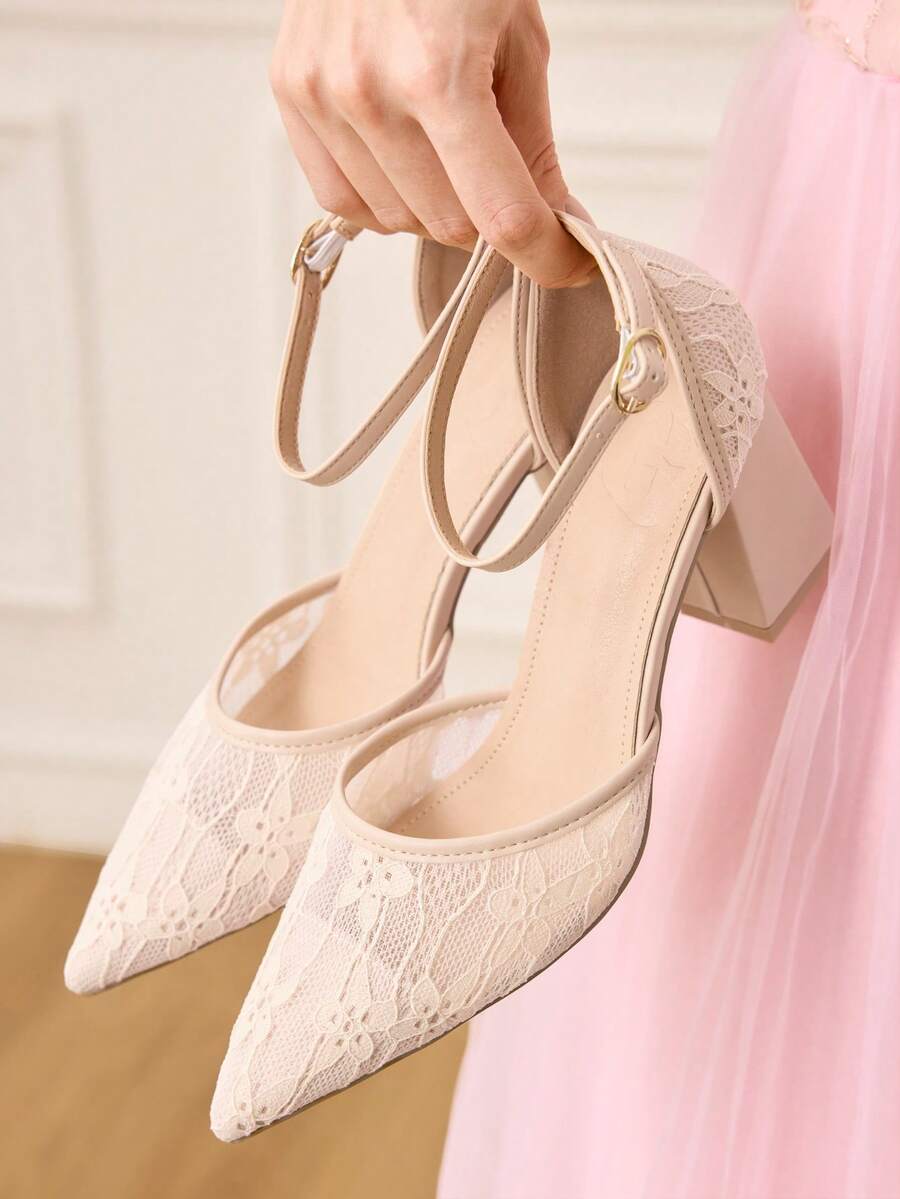 CUCCOO HITCHD 女士优雅纯色蕾丝高跟鞋，圣诞节必备 - 杏色 - 查看 1