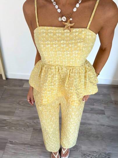 SHEIN 2pcs/Set Tween GirlsYellow Textured Camisole Ruffle Hem Cropped Top + Flowy Wide Leg Pants, Elegant Date/Commute Outfit, Fashionable Street Style, Suitable For Daily Wear