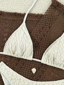 Swim Mod 2026 Spring/Summer White Spaghetti Strap Textured Bubble Fabric Side High-Cut Thong Bikini Set, Sweet Vacation Style Suitable For Beach Photos - Apricot - View 3