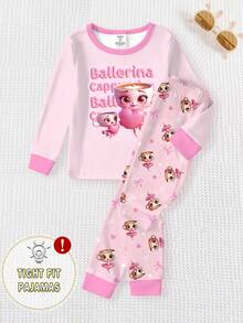 1 Conjunto de Pijama para Niñas Jóvenes con Parte Superior de Manga Larga de Punto Ajustada con Cuello y Puños a Contraste con Estampado de Corazones y Niñas, y Pantalones con Estampado Completo - Rosa - Ver 3