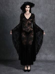 Glisette Women's Y2K Gothic Lace V-Neck Flare Sleeve Elegant Dress Party Night Out Black Floral Autumn - Black - View 1