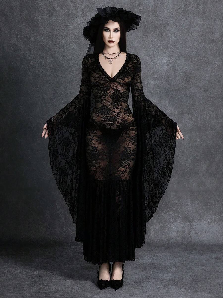 Glisette Women's Y2K Gothic Lace V-Neck Flare Sleeve Elegant Dress Party Night Out Black Floral Autumn - Black - View 1