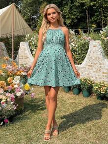 SHEIN 女士夏季收腰孕妇度假约会碎花无袖吊带连衣裙 - 綠色 - 查看 4