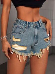 SHEIN Unity Women's Casual Everyday Denim Shorts With Pockets, Button Closure And Distressed Hem - Blue - View 3