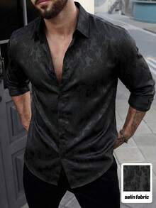 Manfinity Homme 男士黑色提花緞面正裝襯衫，長袖前扣優雅哥德風襯衫，適合秋季、晚宴雞尾酒會、婚禮派對、商務通勤，正式禮品 - 黑色 - 查看 8