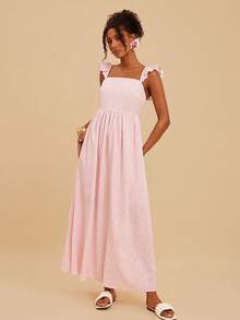 Travachic 女士夏季度假纯色提花荷叶边连衣裙，波西米亚风，西式，夏季连衣裙，夏季服装，女士夏季连衣裙，女士优雅连衣裙，女士度假服装，节日连衣裙，女士复活节连衣裙，沙滩连衣裙，粉色连衣裙 - 粉色 - 查看 6