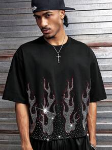 AXEPEAK Men's Casual Fashionable Streetwear Rhinestone Flame Graphic Short Sleeve T-Shirt, Summer - Black - View 3