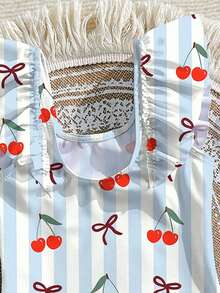 1pc Baby/Toddler Girls' One-Piece Swimsuit With Blue Stripe & Cherry Print, Ruffled Trim, Cute For Beach, Vacation, Pool, Summer, Holiday, Travel Toddler Bathing Suit Full Coverage Toddler Bathing Suits Toddler Beach Wear Toddler Cherry Swimsuit Toddler Girl Swimsuit - Multicolor - View 3