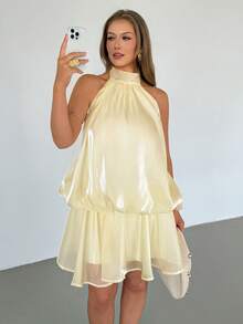 Auralis 大码优雅纯色腰部系带露背吊带连衣裙，夏季 - 杏色 - 查看 4