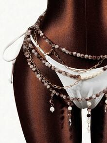 Sirith Conjunto de bikini con parte delantera anudada, espalda descubierta y cristales, estilo de vacaciones en la playa - Marrón - Ver 5